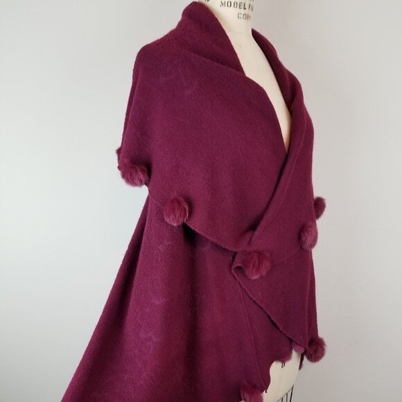 Vintage Wine Burgundy Knit Long Vest with Dramatic Collar & Rabbit Fur Pom Poms - Picture 11 of 11